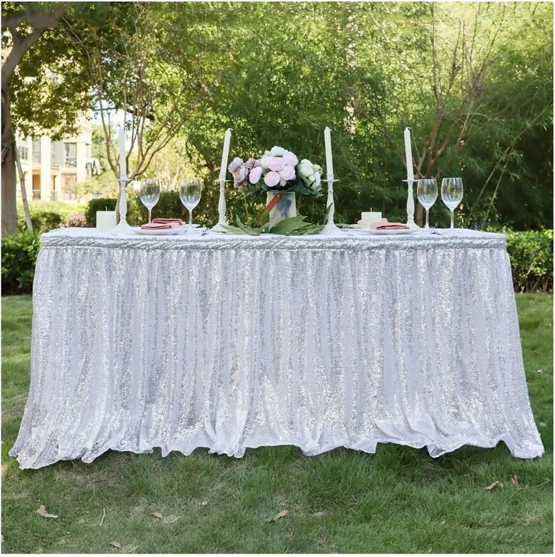 Party Table Skirt Light Gold Sequin Table Skirt Tablecloth Glitter Sparkly Shimmer Rectangle Covers for Birthday Party Event Wedding(White,4ft 70x122cm) - Image 1