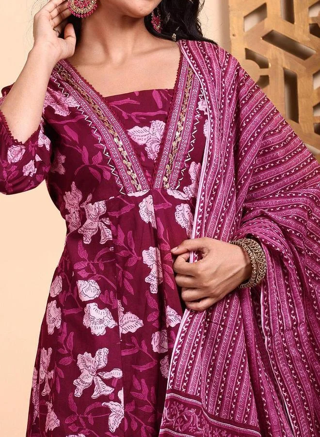 ISHIN Ishin Floral Print Cotton Kurta with Trousers and Dupatta Set