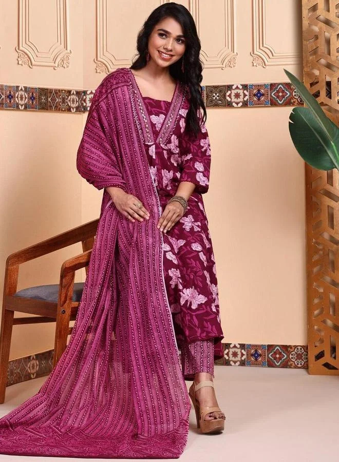 Ishin Floral Print Cotton Kurta with Trousers and Dupatta Set