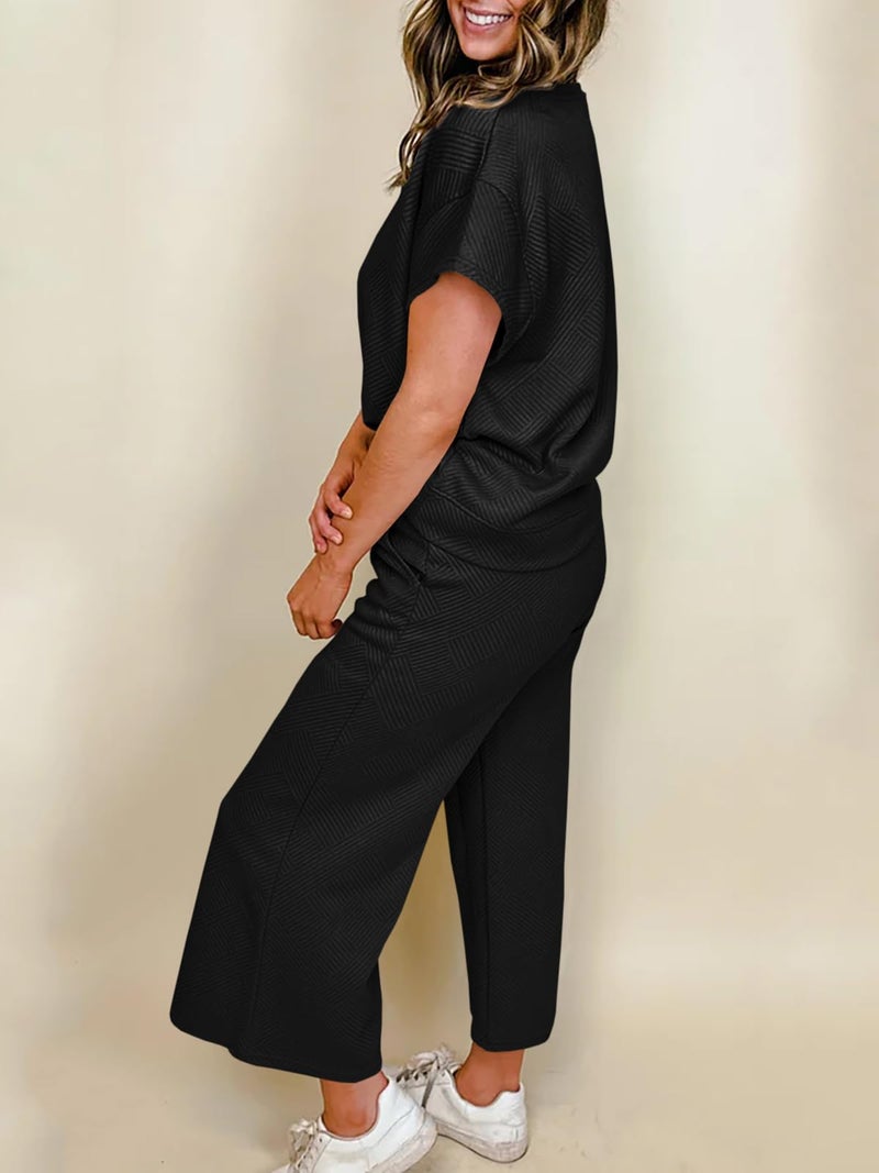 Fazortev Womens 2 Piece Outfits Sweatsuit Short Sleeve Tops and Drawstring Waist Cropped Wide Leg Pants Loungewear Sets - Image 2