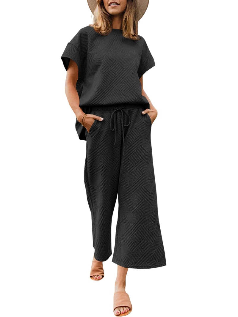 Fazortev Womens 2 Piece Outfits Sweatsuit Short Sleeve Tops and Drawstring Waist Cropped Wide Leg Pants Loungewear Sets - Image 1