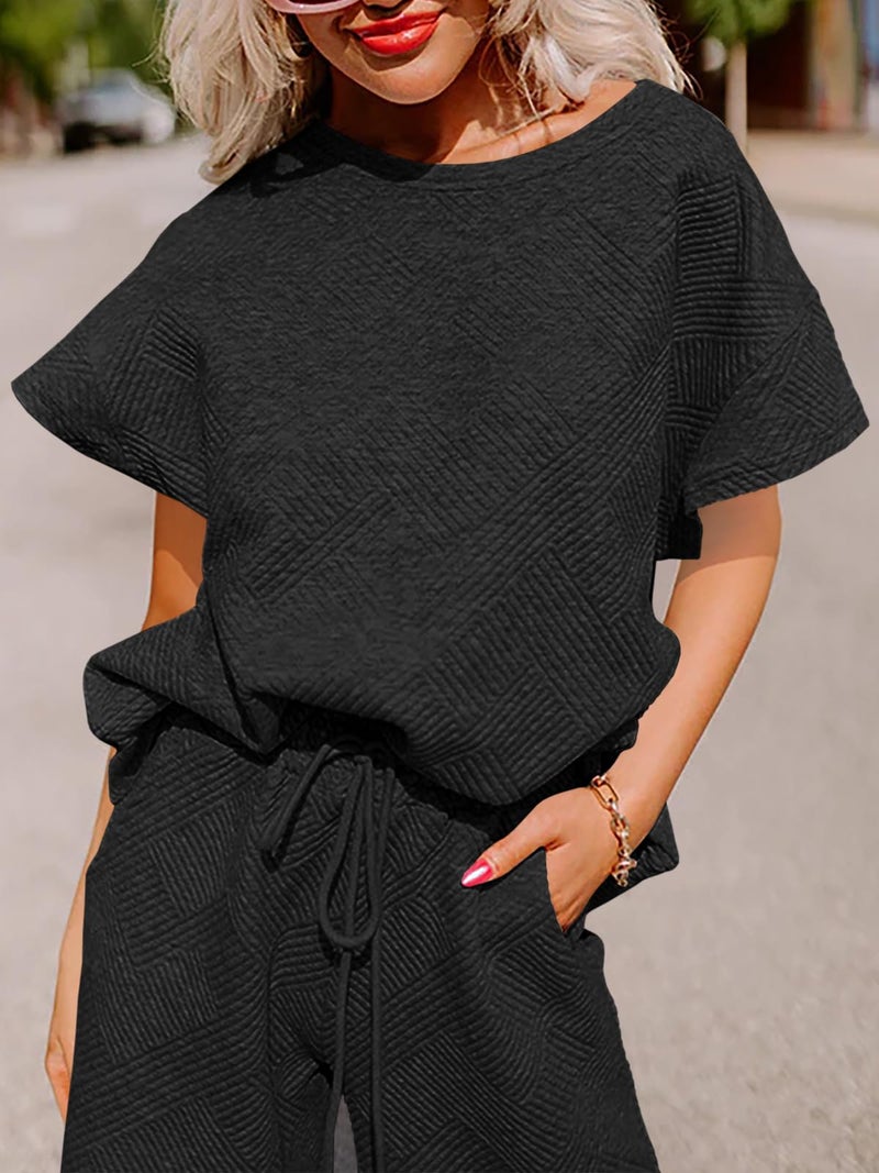 Fazortev Womens 2 Piece Outfits Sweatsuit Short Sleeve Tops and Drawstring Waist Cropped Wide Leg Pants Loungewear Sets - Image 3