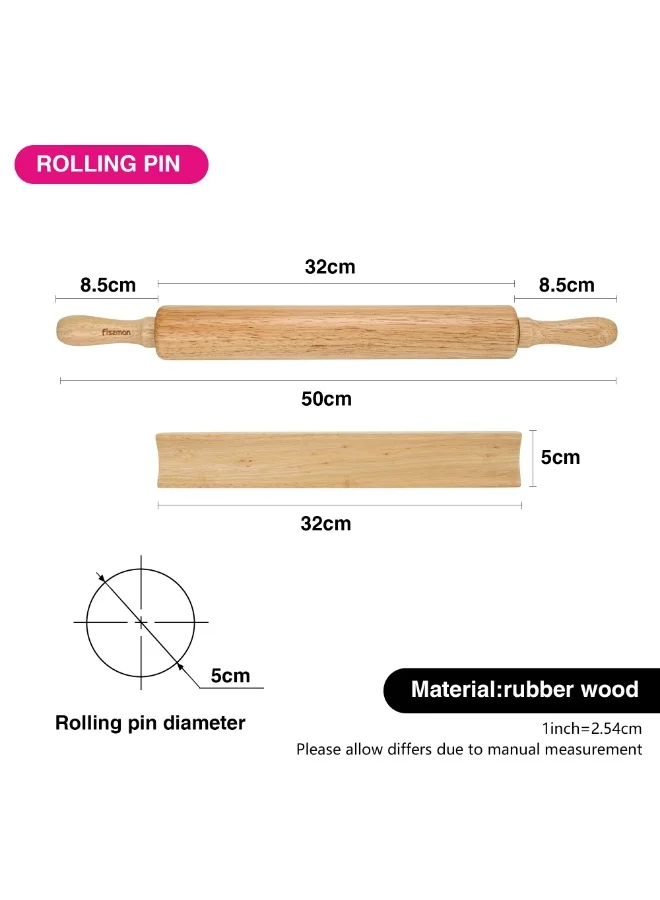 Fissman Wooden Rolling Pin 50cm with Wooden Holder Stand, Rubberwood Dough Roller with Twisting Handles | Non-Stick Wooden Roll Pin Bakeware for Cookies, Pizza, Pasta, Pie, Pastry
