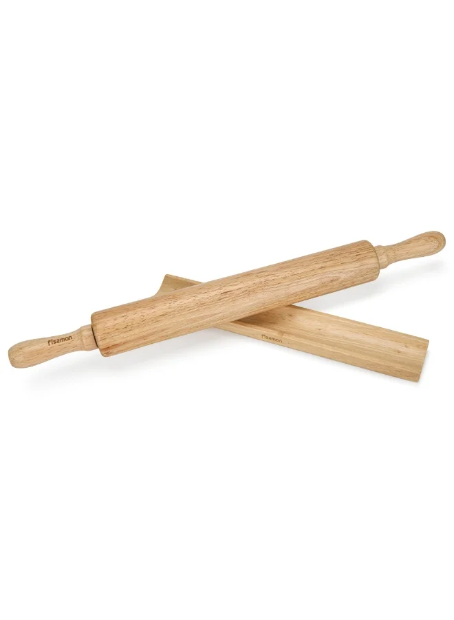 Fissman Wooden Rolling Pin 50cm with Wooden Holder Stand, Rubberwood Dough Roller with Twisting Handles | Non-Stick Wooden Roll Pin Bakeware for Cookies, Pizza, Pasta, Pie, Pastry