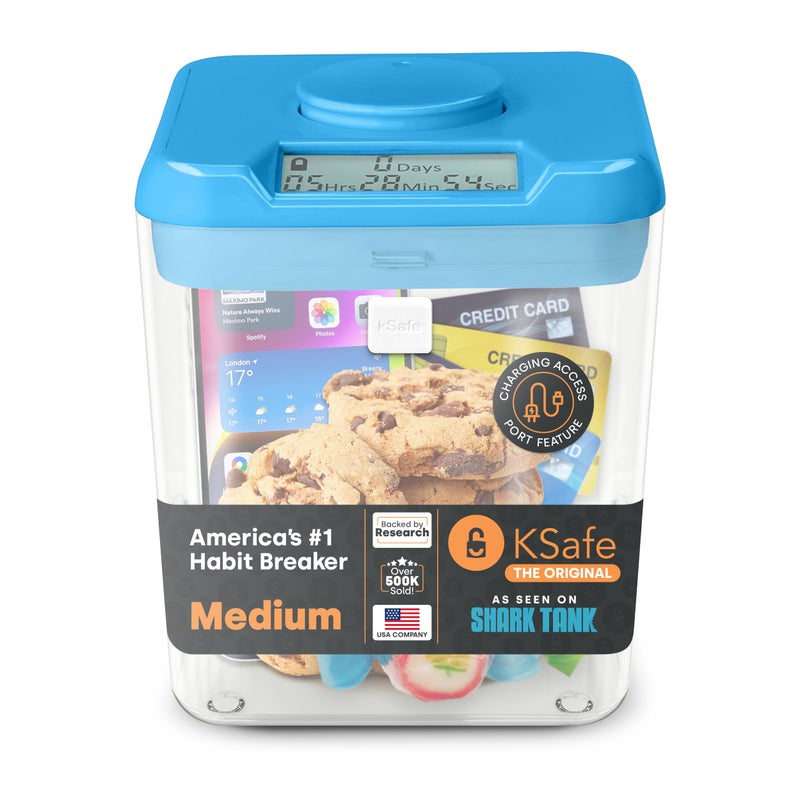 Cell Phone Lock Box wTimer  Phone Jail Timed Lock Box  KSafe Time Lock Box for Snacks Food  Cell Phone  Safe Box wTimer  Snack Lock Box Medium Blue Lid  55 Clear Base wAccess Port