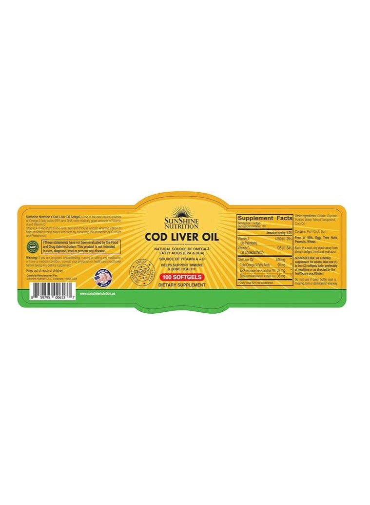 SUNSHINE NUTRITION Cod Liver Oil 100 Softgels  - Image 3