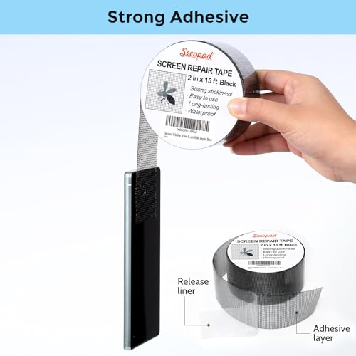 Secopad Black Window Screen Repair Tape, 2 in X 15 FT (180IN) Screen Repair Kit for Windows or Doors, Strong Adhesive Screen Patch Fiberglass Screen Tape Mesh Repair - Image 3