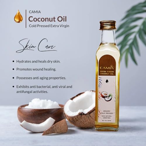 CAMIA - 100% Organic Cold Pressed Coconut Oil for Skin & Hair | 100% Pure & Natural Hair Oil | Skin Hydration & Nourishment | Premium Skin Care | Ideal for Skin & Hair Care | 250 ML Glass Bottle - Image 4