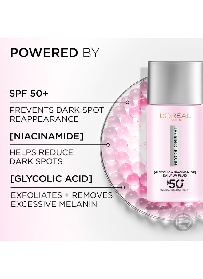 L'OREAL PARIS - Glycolicbright Uv Fluid Spf 50+ Pa++++ Anti-Dark Spot Sunscreen With Glycolic Acid + Niacinamide, Reduce Dark Spots 50 Ml - Image 1