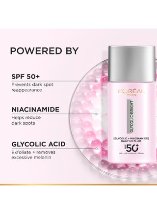 لوريال باريس واقي الشمس غليكوليك برايت UV السائل بمعامل حماية +SPF 50 PA++++، مضاد للبقع الداكنة، غني بحمض الغليكوليك والنياسيناميد، يقلّل من البقع الداكنة – 50 مل. - view 3
