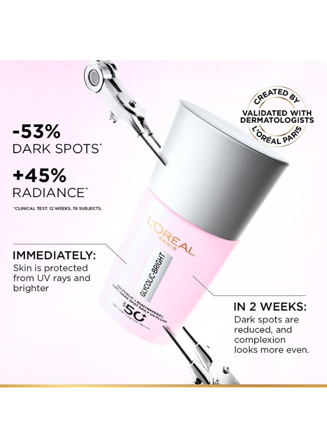 L'OREAL PARIS - Glycolicbright Uv Fluid Spf 50+ Pa++++ Anti-Dark Spot Sunscreen With Glycolic Acid + Niacinamide, Reduce Dark Spots 50 Ml - Image 1