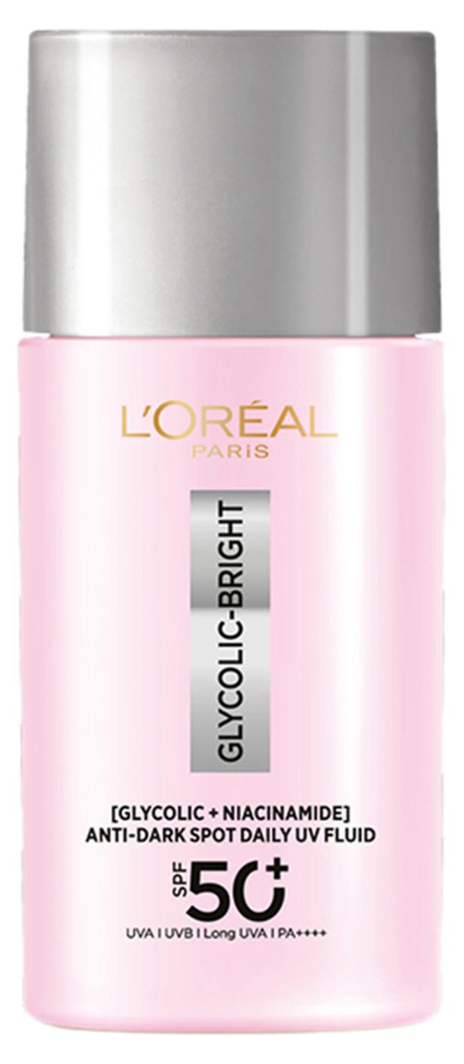 لوريال باريس واقي الشمس غليكوليك برايت UV السائل بمعامل حماية +SPF 50 PA++++، مضاد للبقع الداكنة، غني بحمض الغليكوليك والنياسيناميد، يقلّل من البقع الداكنة – 50 مل. - Image 1
