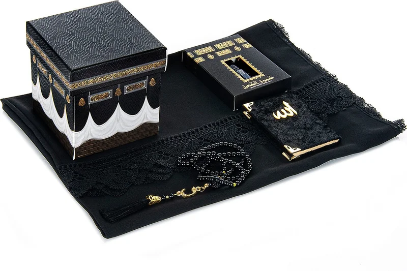 İhvan Ihvan Kaaba Patterned Special Boxed Mevlüt Gift Set - Lace Scarf - Essence - Pearl Prayer Beads - Velvet Covered Yasin Book - Black