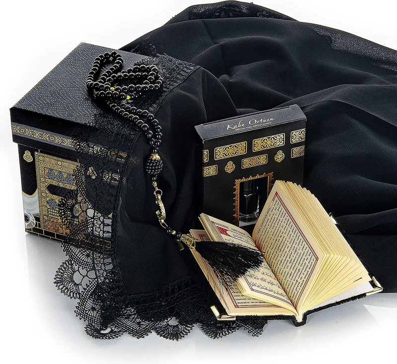 İhvan Ihvan Kaaba Patterned Special Boxed Mevlüt Gift Set - Lace Scarf - Essence - Pearl Prayer Beads - Velvet Covered Yasin Book - Black