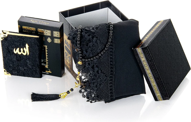 İhvan Ihvan Kaaba Patterned Special Boxed Mevlüt Gift Set - Lace Scarf - Essence - Pearl Prayer Beads - Velvet Covered Yasin Book - Black