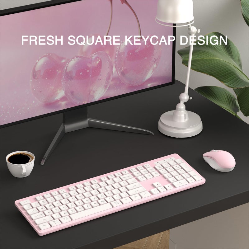 MPTOG Wireless Keyboard and Mouse Combo, Full-Size 104-Key Office Keyboard with 15 Function Keys, Numeric Keypad, Single USB Receiver, Compatible with PC and Laptop(Pink White) - Image 3