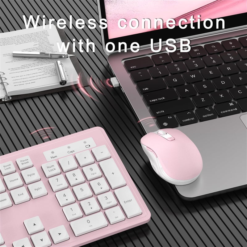 MPTOG Wireless Keyboard and Mouse Combo, Full-Size 104-Key Office Keyboard with 15 Function Keys, Numeric Keypad, Single USB Receiver, Compatible with PC and Laptop(Pink White) - Image 4