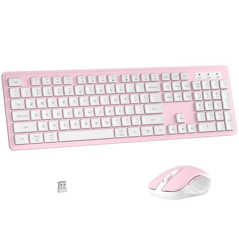 MPTOG Wireless Keyboard and Mouse Combo, Full-Size 104-Key Office Keyboard with 15 Function Keys, Numeric Keypad, Single USB Receiver, Compatible with PC and Laptop(Pink White) - Image 1
