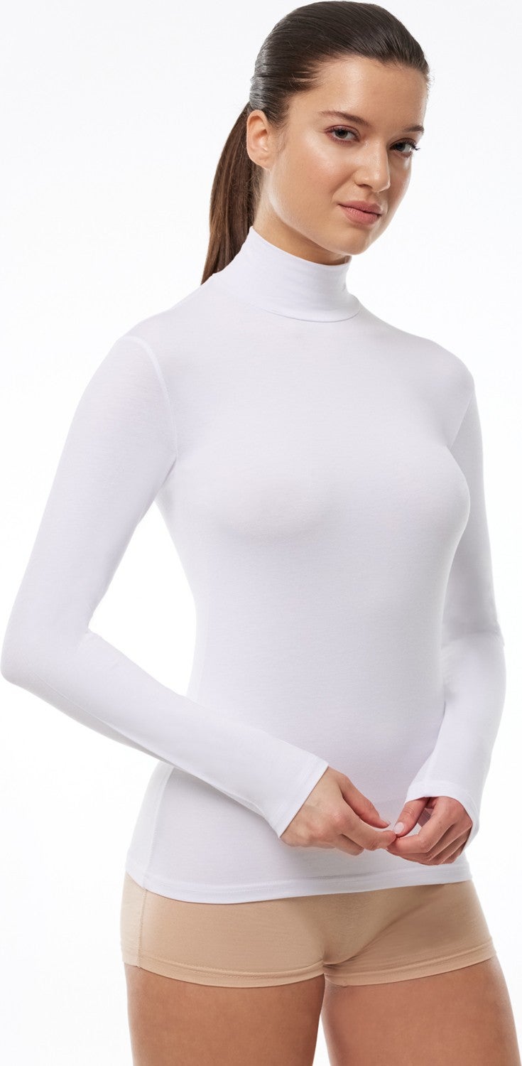 Malabadi Women's White Long Sleeve Half Turtleneck Modal Bodysuit 180  - Image 1