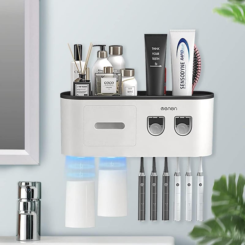 BHeadCat Toothbrush Holders Wall Mounted, Toothbrush Holder with Automatic Toothpaste Dispensers, 6 Brush Slots, 2 Magnetic Cups,1 Cosmetic Drawer Organizer and 1 Large Storage Tray - Image 1