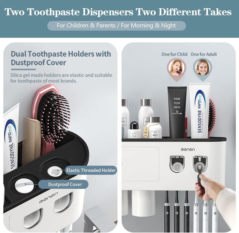 BHeadCat Toothbrush Holders Wall Mounted, Toothbrush Holder with Automatic Toothpaste Dispensers, 6 Brush Slots, 2 Magnetic Cups,1 Cosmetic Drawer Organizer and 1 Large Storage Tray - Image 4