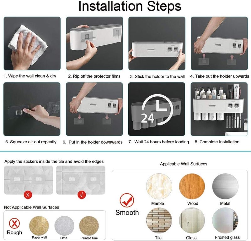BHeadCat Toothbrush Holders Wall Mounted, Toothbrush Holder with Automatic Toothpaste Dispensers, 6 Brush Slots, 2 Magnetic Cups,1 Cosmetic Drawer Organizer and 1 Large Storage Tray - Image 3