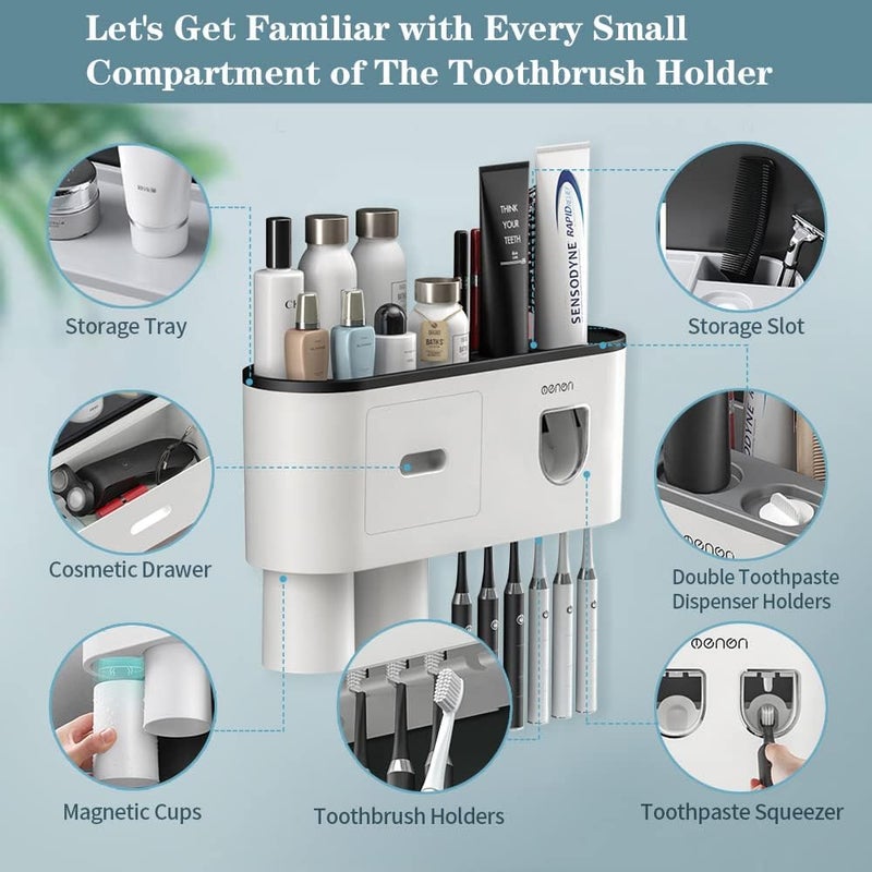 BHeadCat Toothbrush Holders Wall Mounted, Toothbrush Holder with Automatic Toothpaste Dispensers, 6 Brush Slots, 2 Magnetic Cups,1 Cosmetic Drawer Organizer and 1 Large Storage Tray - Image 5
