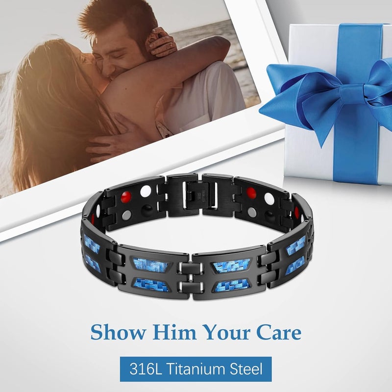 Feraco Magnetic Bracelets for Men, Stainless Steel Magnet Bracelets with Unique Blue Carbon Fiber & 4 Natural Elements, Adjustable with Sizing Tool - Image 3