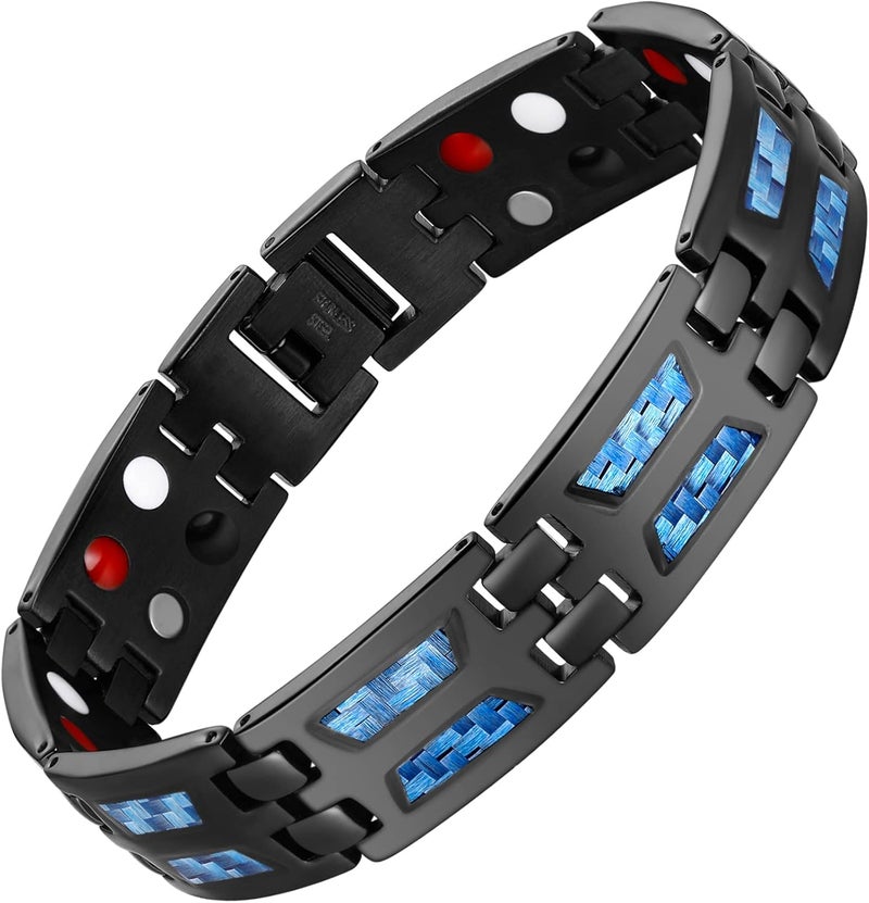 Feraco Magnetic Bracelets for Men, Stainless Steel Magnet Bracelets with Unique Blue Carbon Fiber & 4 Natural Elements, Adjustable with Sizing Tool - Image 1