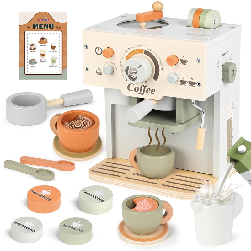 Dreamon Toy Coffee Maker for Kids Kitchen Set Wooden Kitchen Accessories Pretend Play Toddler Coffee Playset Kids Caf Machine Birthday Gifts for Boys Girls Ages 3 4 5 6 Years - Image 3