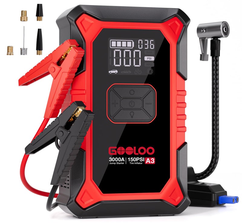 GOOLOO A3 Jump Starter with Air Compressor, 3000A Portable Car Battery Booster (9.0 Gas/6.5L Diesel) with 150PSI Auto-Shutoff Tire Inflator, 12V Supersafe Lithium Jump Box Car Battery Jumper Starter - Image 1