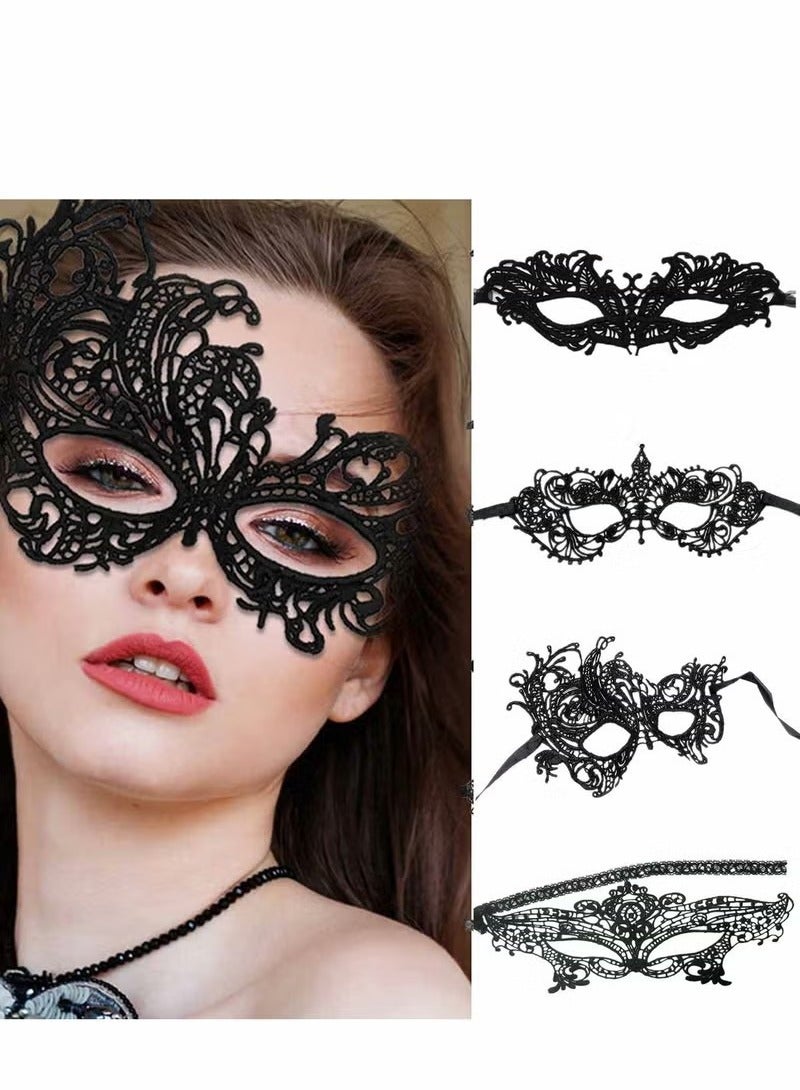 4 Pieces Women Lace Eye Mask, Masquerade Masks Mysterious Face Venetian Eyemask for Carnival Party Costume Ball, Black - Image 1