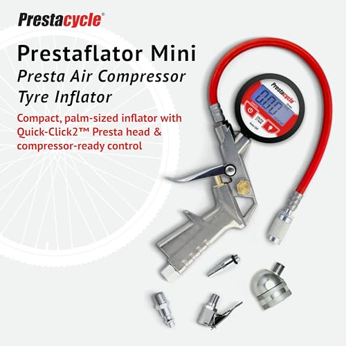 Prestacycle Prestaflator Multipurpose Bicycle Tire Inflation Tool – Presta & Schrader Air Compressor Tool with QuickClick™ Heads, Steel Gauge, Variable-Rate Trigger, and High-Flex Hose - Image 2