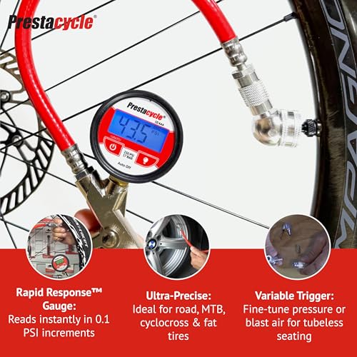 Prestacycle Prestaflator Multipurpose Bicycle Tire Inflation Tool – Presta & Schrader Air Compressor Tool with QuickClick™ Heads, Steel Gauge, Variable-Rate Trigger, and High-Flex Hose - Image 4