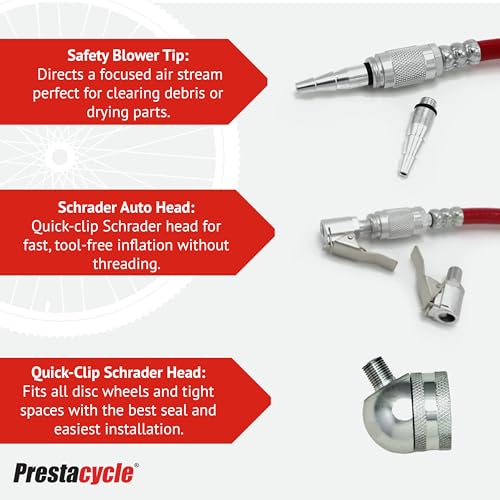 Prestacycle Prestaflator Multipurpose Bicycle Tire Inflation Tool – Presta & Schrader Air Compressor Tool with QuickClick™ Heads, Steel Gauge, Variable-Rate Trigger, and High-Flex Hose - Image 3