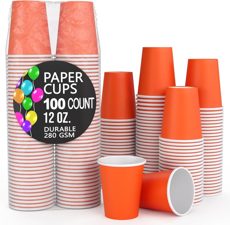 Party Solids أكواب ورقية صلبة للحفلات باللون البرتقالي 12 أونصة، أكواب متينة قابلة للاستخدام لمرة واحدة، 100 كوب ورقي للمشروبات الساخنة والباردة، كوب سميك 280 جرام للمشروبات الساخنة للشاي والقهئة، ألوان ممتعة للحفلات والفعاليات - Image 1
