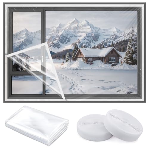 Vteyeya Adjustable Window Insulation Kit 63x87in Reusable Window Plastic for Winterizing Cuttable Transparent Film with Adhesive Straps Thicken Thermal Waterproof Insulation Cover Warm Winter - Image 1