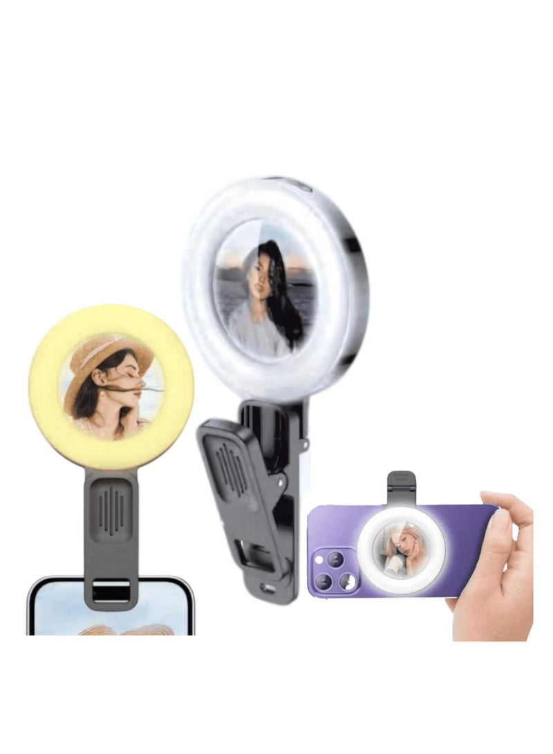 التخطيط مصباح حلقي صغير محمول بمشبك ومرآة: إضاءة احترافية فورية لصور سيلفي ومكياج وفيديوهاتك! ارتقِ بمستوى صورك وفيديوهاتك مع هذا المصباح الحلقي LED الصغير والمطور، المزود بمرآة مدمجة. يتميز بـ 6 أوضاع إضاءة ألوان وسطوع قابل للتعديل، مما يجعله مثاليًا لوضع المكياج، وتسجيل مدونات الفيديو، والتقاط صور سيلفي بإضاءة مثالية في أي مكان وزمان - Image 1