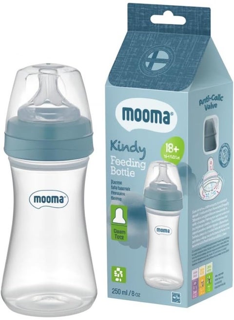 زجاجة رضاعة Mooma Kindy للأطفال سعة 250 مل مع صمام مضاد للمغص، خالية من مادة BPA، عنق واسع، تدفق سريع (18 شهرًا فأكثر).