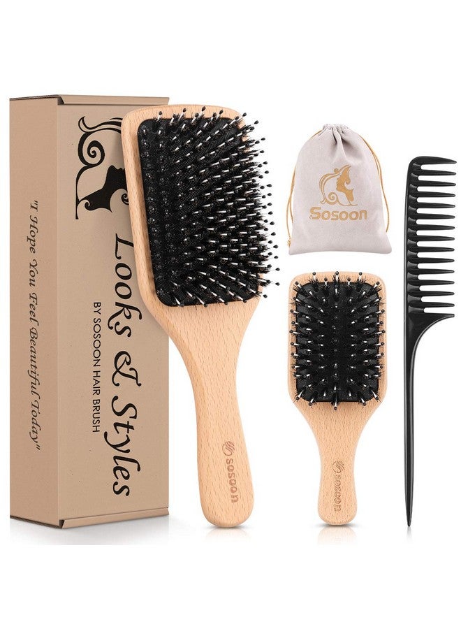 Sosoon فرشاة شعر 2 عبوة فرشاة شعر من شعر الخنزير للنساء والرجال والأطفال تقليل التجاعيد لا مزيد من التشابك فرشاة سفر صغيرة مشط ذيل وصندوق هدايا متضمن - Image 2