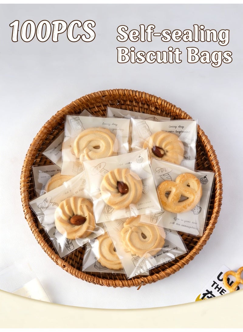 صحة هوم ١٠٠ كيس بسكويت ذاتية الإغلاق من مادة غذائية سميكة، شبه شفاف مع طبعة لطيفة، لتعبئة البسكويت والحلويات والوجبات الخفيفة 7.5×7.5+3 سم - Image 1