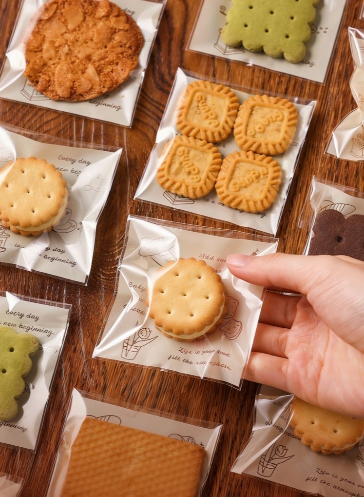 صحة هوم ١٠٠ كيس بسكويت ذاتية الإغلاق من مادة غذائية سميكة، شبه شفاف مع طبعة لطيفة، لتعبئة البسكويت والحلويات والوجبات الخفيفة 7.5×7.5+3 سم - Image 5