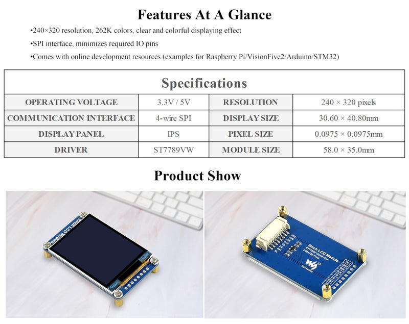 Waveshare شاشة LCD صغيرة 2 بوصة من Waveshare - متوافقة مع Raspberry Pi/Arduino/STM32، دقة 240x320، شاشة IPS LCD، 262K لون RGB، محرك ST7789VW مدمج، واجهة SPI - Image 4