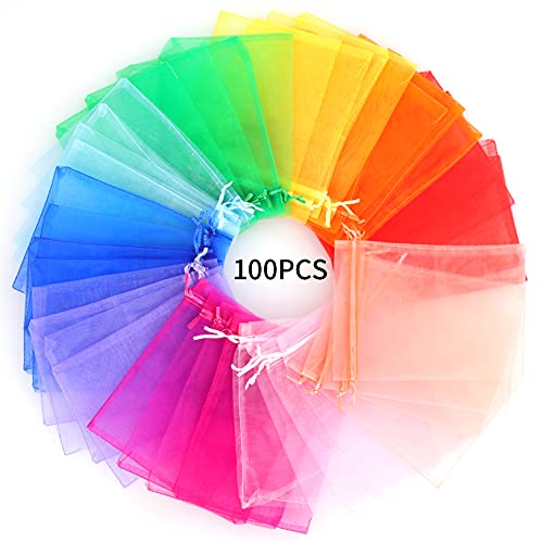 Ponpon 100pcs Assorted Color Organza Bags, 5x7 inches Mesh Bags Drawstring Bags for Candy Jewellery Random Color - Image 3