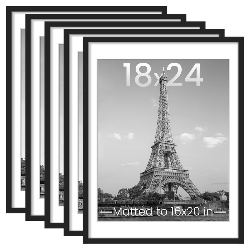 upsimples 18x24 Picture Frame Set of 5, Display Pictures 16x20 with Mat or 18 x 24 Without, Wall Gallery Poster Frames, Black - Image 1