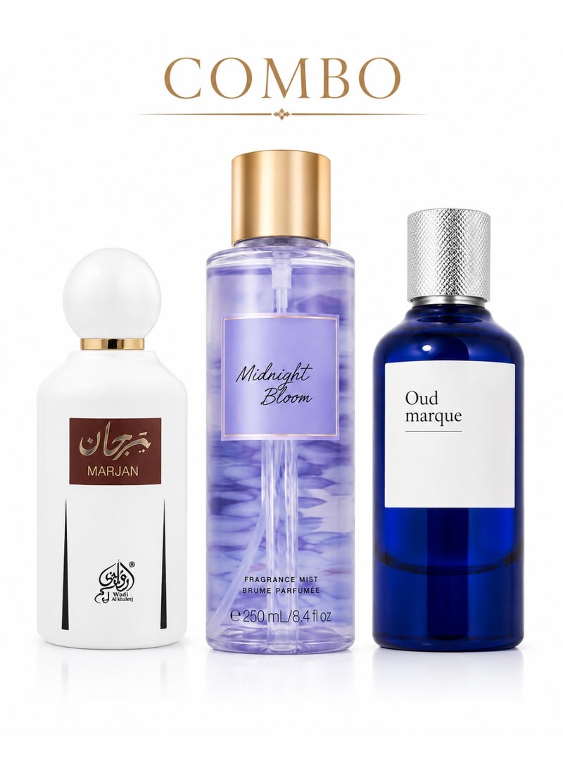 3-Piece Luxury Fragrance Combo for Women & Men – Midnight Bloom Body Mist 250ml + Marjan Extrait de Parfum 100ml + Oud Marque Eau de Parfum 100ml – Floral, Fruity, Woody & Oriental Scents – 450ml Total