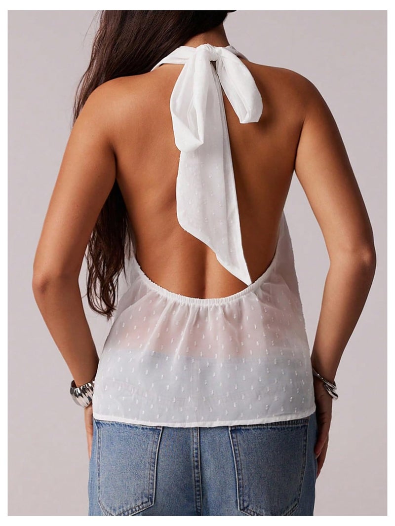 MakeMeChic Women's Tie Back Halter Tops Mesh Swiss Dots Knot Backless Sleeveless Tank White Small - Image 3