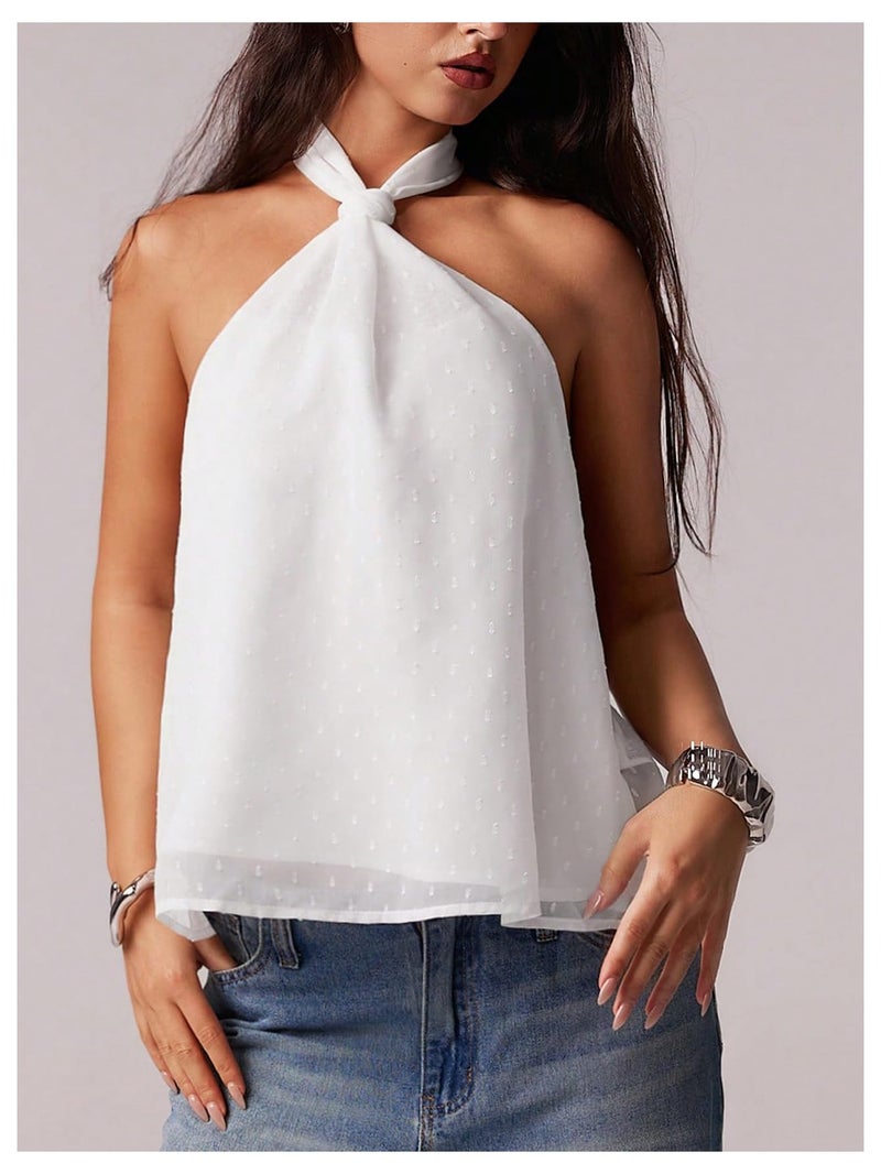 MakeMeChic Women's Tie Back Halter Tops Mesh Swiss Dots Knot Backless Sleeveless Tank White Small - Image 2