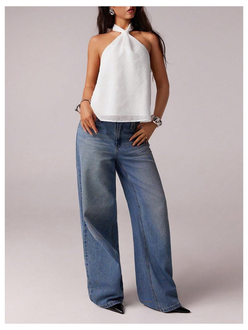 MakeMeChic Women's Tie Back Halter Tops Mesh Swiss Dots Knot Backless Sleeveless Tank White Small - Image 5