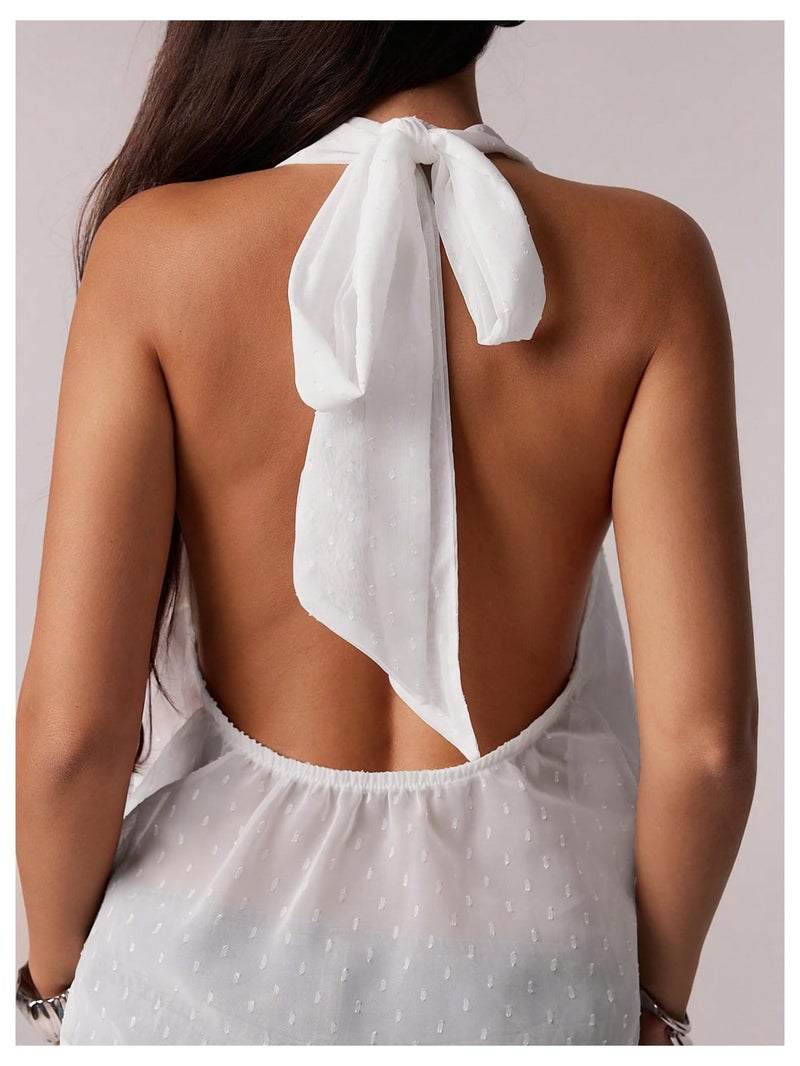 MakeMeChic Women's Tie Back Halter Tops Mesh Swiss Dots Knot Backless Sleeveless Tank White Small - Image 4